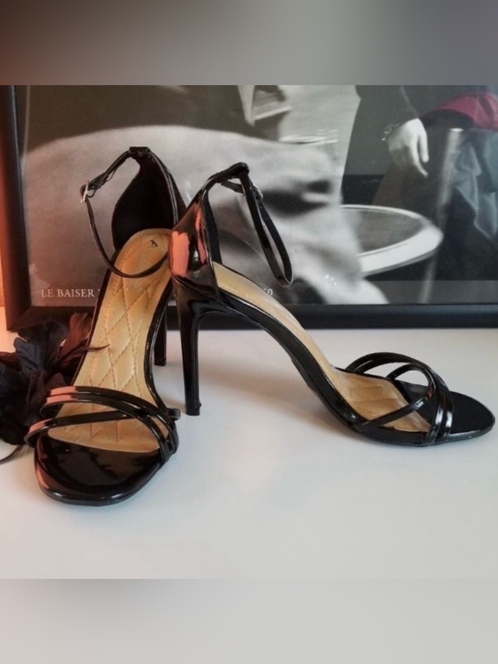 Anne Michelle Elegant Black Patent Ankle Strap Heels 7.5